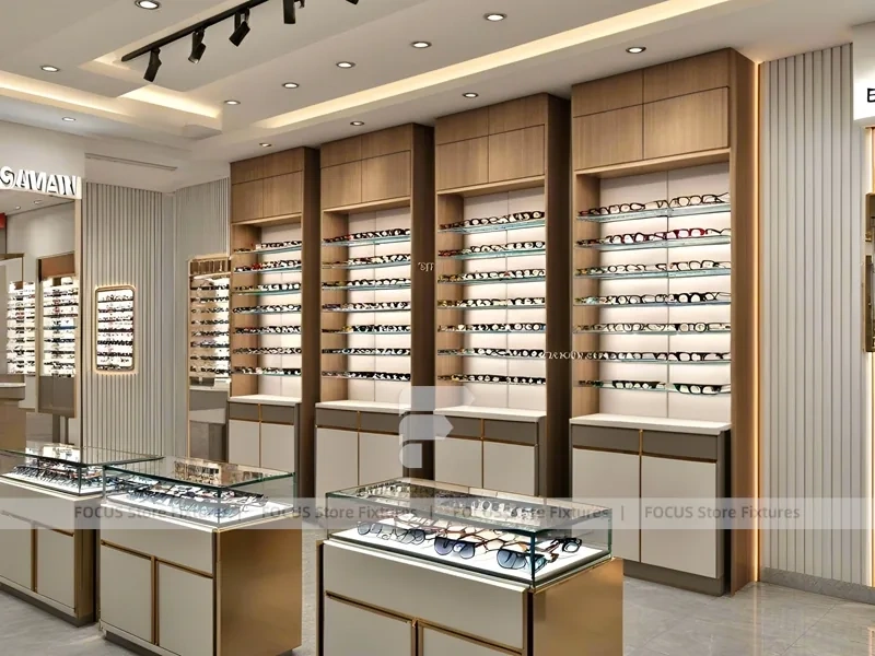 Gold Accent Optical Corridor Gallery with Slim Center Display Tables