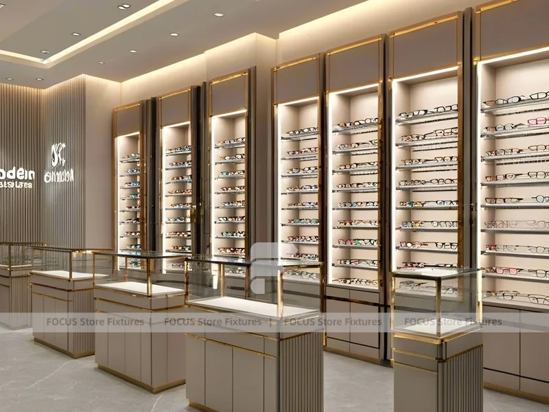 Gold Accent Optical Corridor Gallery with Slim Center Display Tables