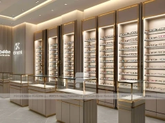Gold Accent Optical Corridor Gallery with Slim Center Display Tables