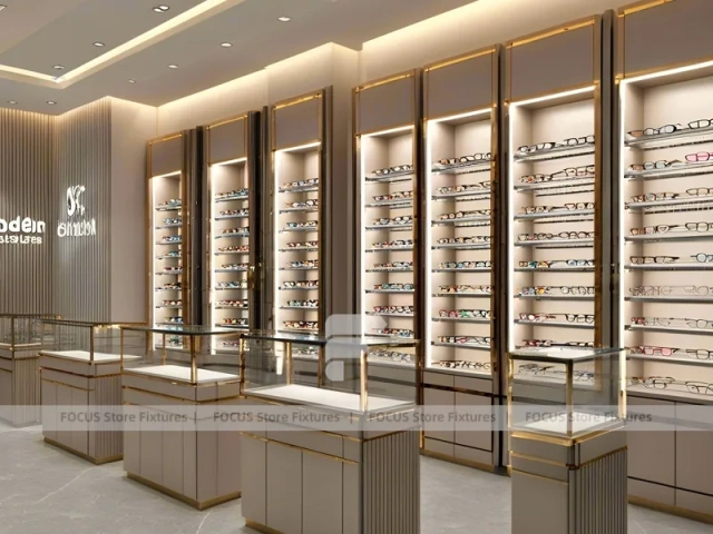 Gold Accent Optical Corridor Gallery with Slim Center Display Tables