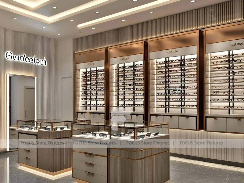 Gold Accent Optical Corridor Gallery with Slim Center Display Tables