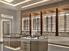 Gold Accent Optical Corridor Gallery with Slim Center Display Tables