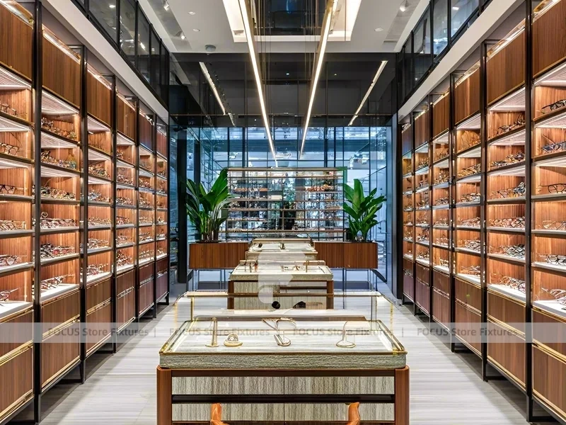 Gold Accent Optical Corridor Gallery with Warm Accent Facade