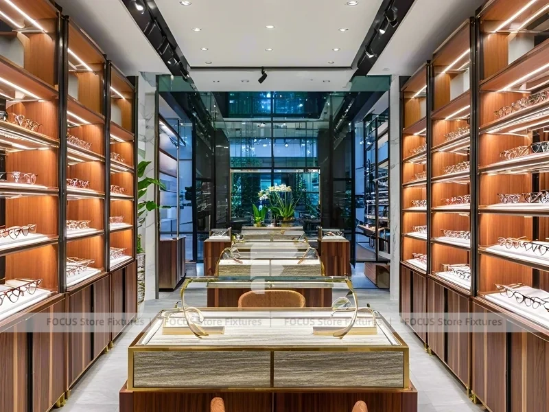 Gold Accent Optical Corridor Gallery with Warm Accent Facade