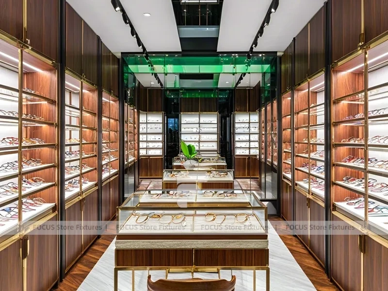 Gold Accent Optical Corridor Gallery with Warm Accent Facade