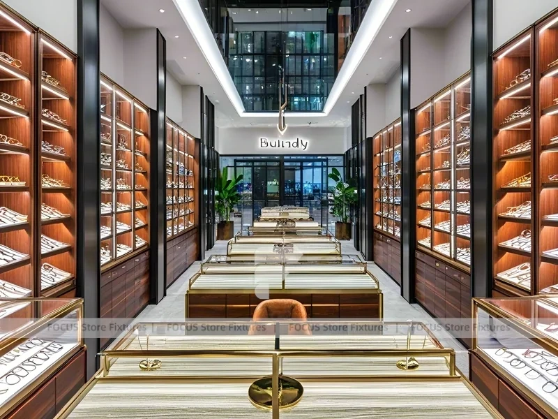Gold Accent Optical Corridor Gallery with Warm Accent Facade