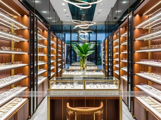 Gold Accent Optical Corridor Gallery with Warm Accent Facade
