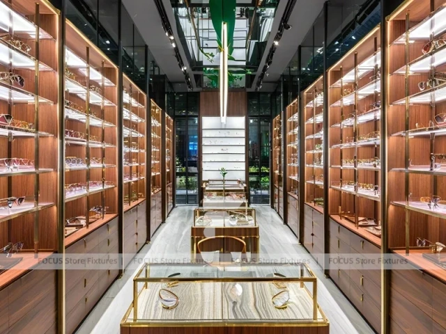 Gold Accent Optical Corridor Gallery with Warm Accent Facade