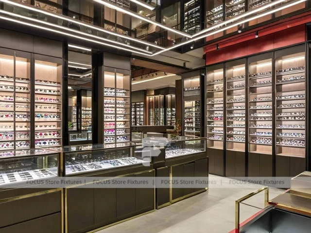 Gold Accent Optical Loft Gallery with Double-Height Display Grid
