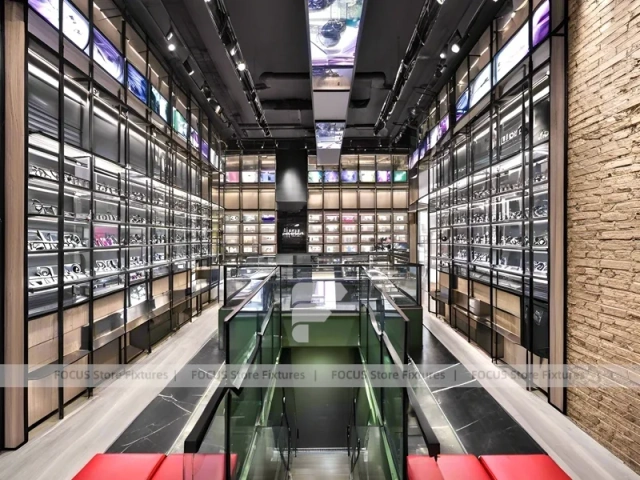 Gold Accent Optical Loft Gallery with Green Lit Display Bench
