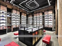 Gold Accent Optical Loft Gallery with Green Lit Display Bench