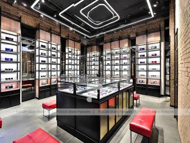 Gold Accent Optical Loft Gallery with Green Lit Display Bench
