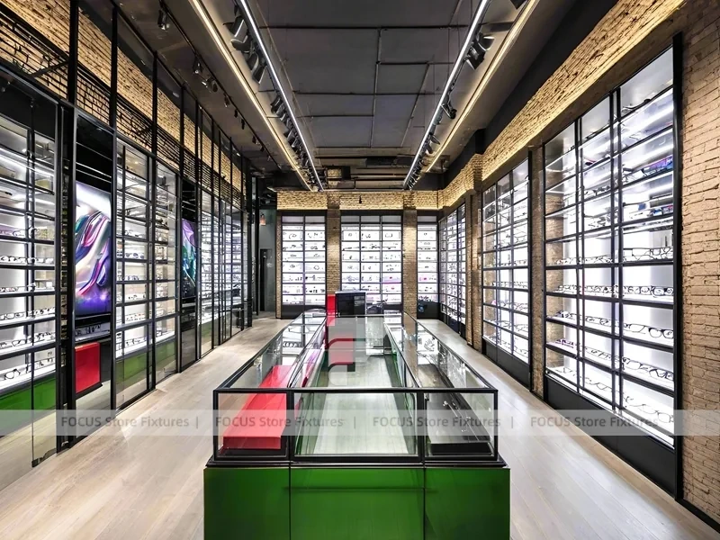 Gold Accent Optical Loft Gallery with Green Lit Display Bench