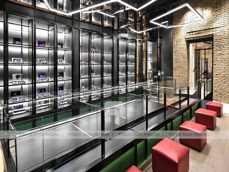 Gold Accent Optical Loft Gallery with Green Lit Display Bench