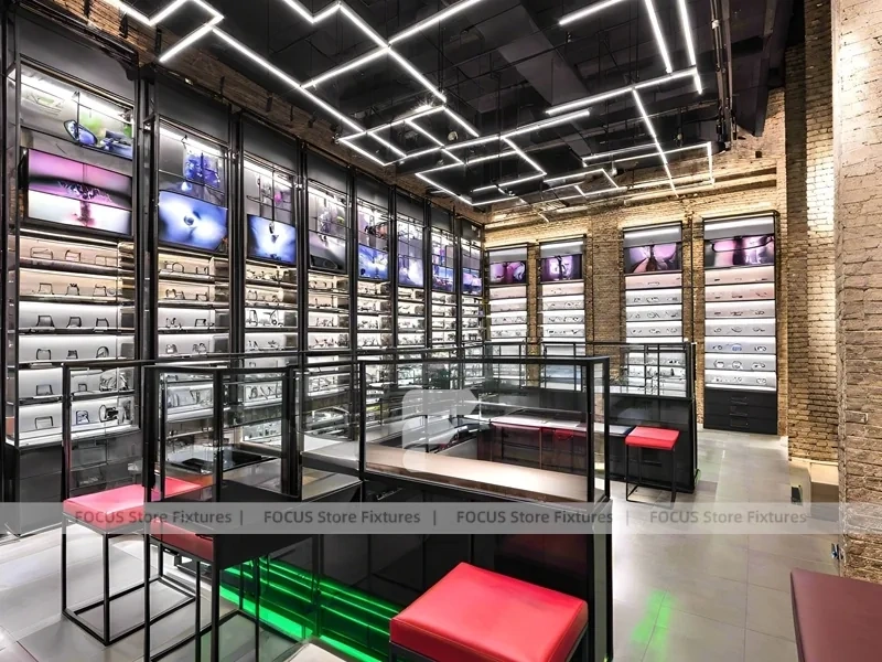 Gold Accent Optical Loft Gallery with Green Lit Display Bench