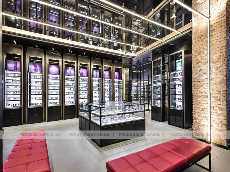 Gold Accent Optical Loft Gallery with Green Lit Display Bench