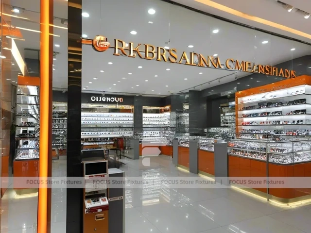 Golden Corridor Eyewear Boutique Hall with Warm Accent Facade