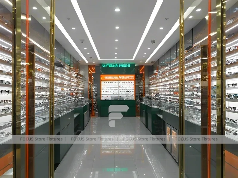 Golden Corridor Eyewear Boutique Hall with Warm Accent Facade
