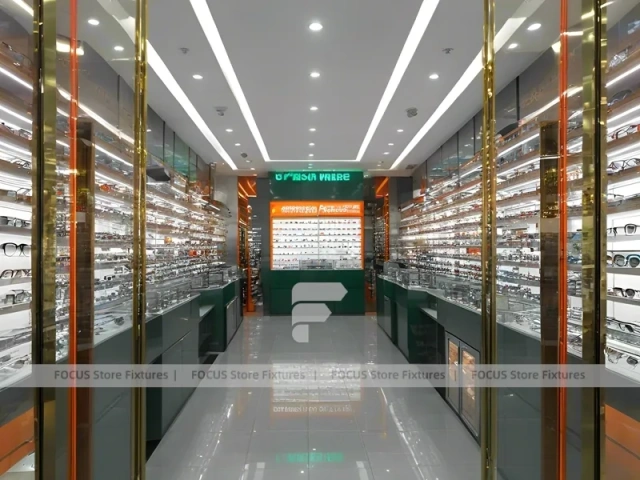 Golden Corridor Eyewear Boutique Hall with Warm Accent Facade