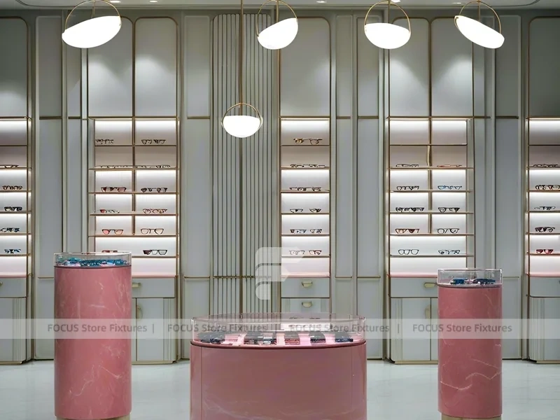 Green Accent Optical Consultation Lounge with Arched Display Alcoves