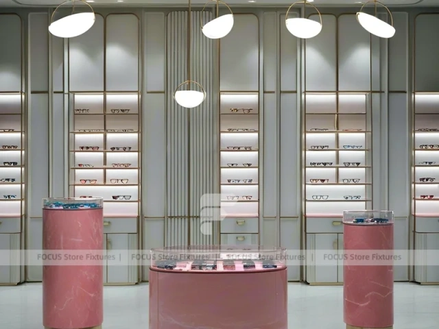 Green Accent Optical Consultation Lounge with Arched Display Alcoves