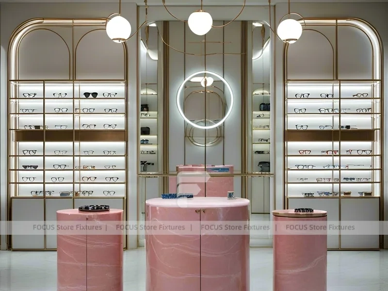 Green Accent Optical Consultation Lounge with Arched Display Alcoves