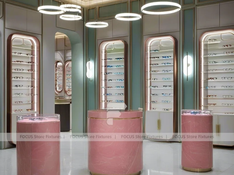 Green Accent Optical Consultation Lounge with Arched Display Alcoves