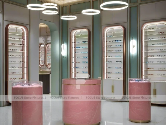 Green Accent Optical Consultation Lounge with Arched Display Alcoves