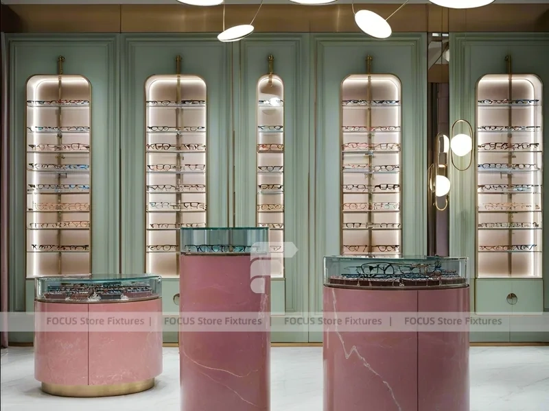 Green Accent Optical Consultation Lounge with Arched Display Alcoves