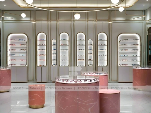 Green Accent Optical Consultation Lounge with Round Pink Pedestals