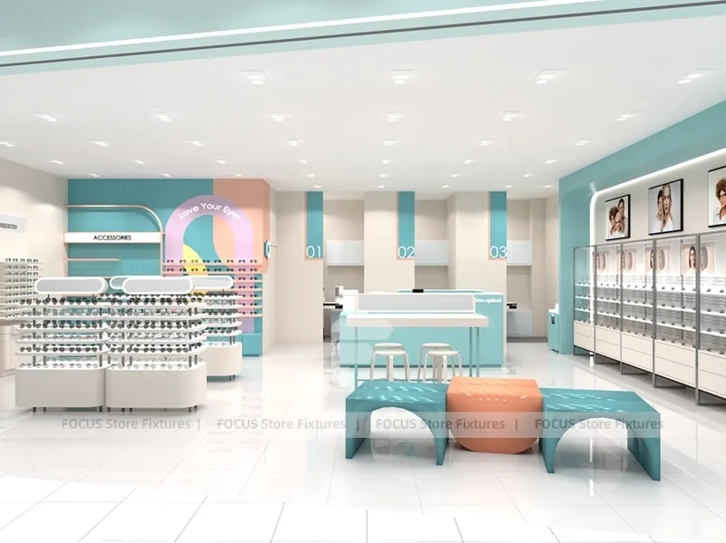 Light Blue Eyewear Retail Interior with Open White Display Floor