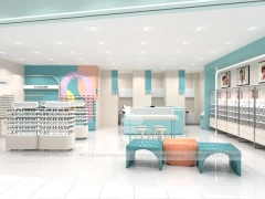 Light Blue Eyewear Retail Interior with Open White Display Floor