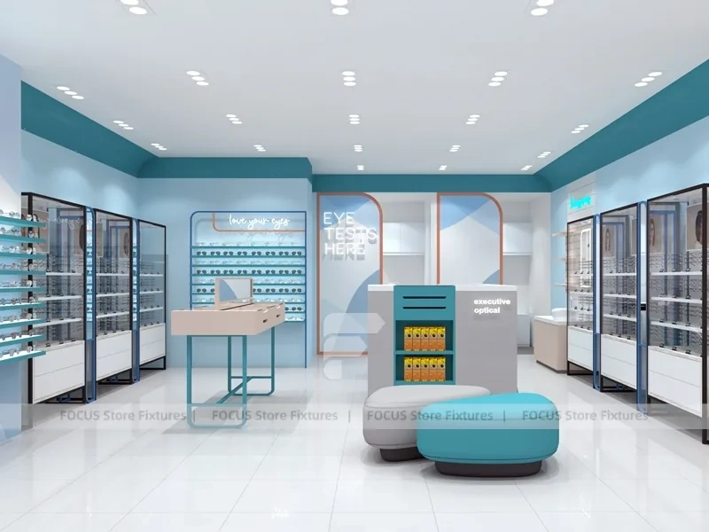 Light Blue Eyewear Retail Interior with Open White Display Floor