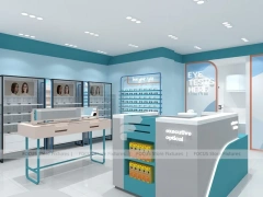 Light Blue Eyewear Retail Interior with Open White Display Floor