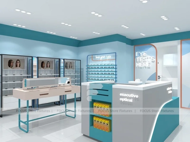 Light Blue Eyewear Retail Interior with Open White Display Floor