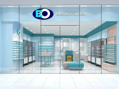 Light Blue Eyewear Retail Interior with Open White Display Floor
