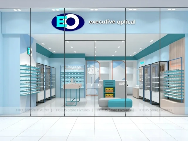 Light Blue Eyewear Retail Interior with Open White Display Floor