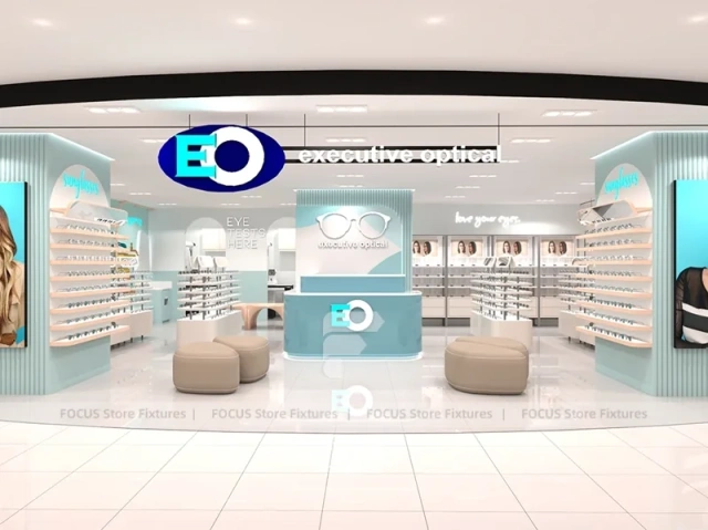 Light Blue Eyewear Retail Interior with Open White Display Floor