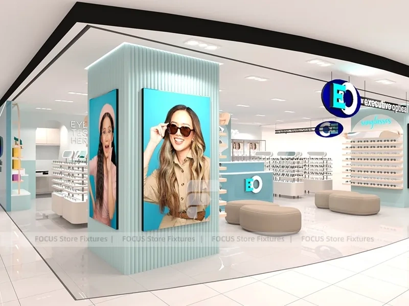 Light Blue Eyewear Retail Interior with Open White Display Floor