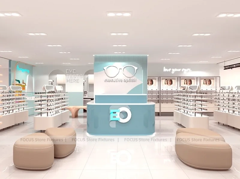 Light Blue Eyewear Retail Interior with Open White Display Floor