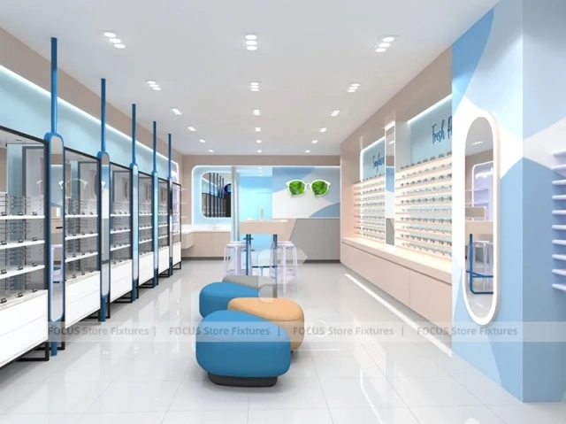 Light Blue Eyewear Retail Interior with Open White Display Floor