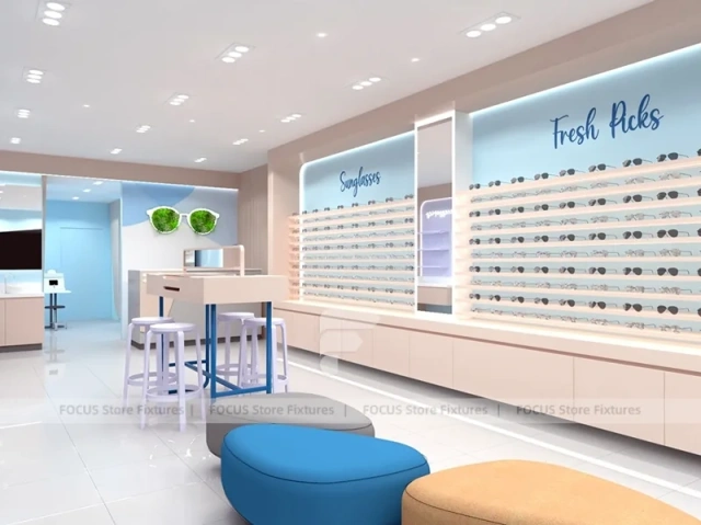 Light Blue Eyewear Retail Interior with Open White Display Floor