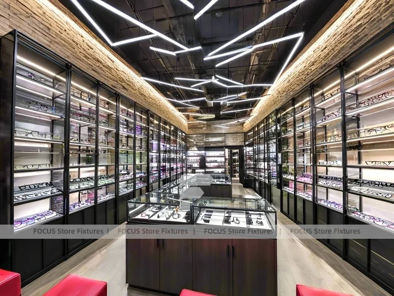 Loft Steel Eyewear Urban Showroom with Steel-Framed Wall Cabinets