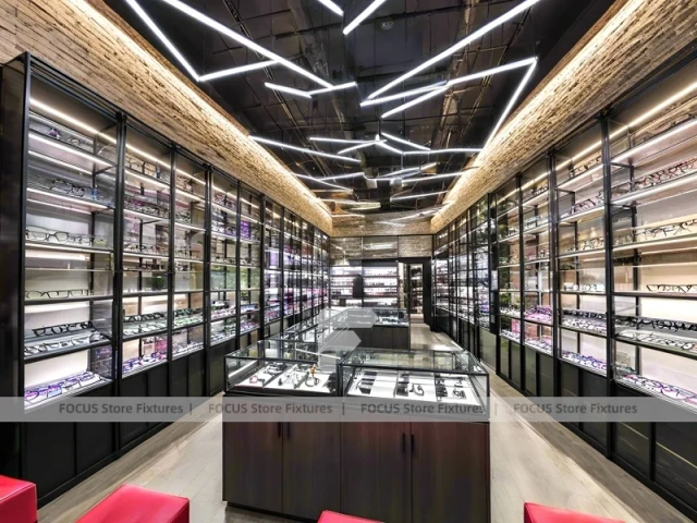 Loft Steel Eyewear Urban Showroom with Steel-Framed Wall Cabinets