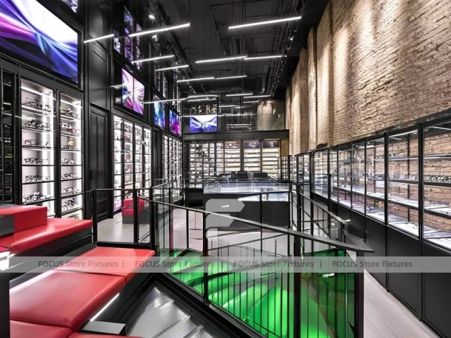 Loft Steel Eyewear Urban Showroom with Steel-Framed Wall Cabinets