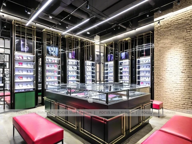 Loft Steel Eyewear Urban Showroom with Steel-Framed Wall Cabinets