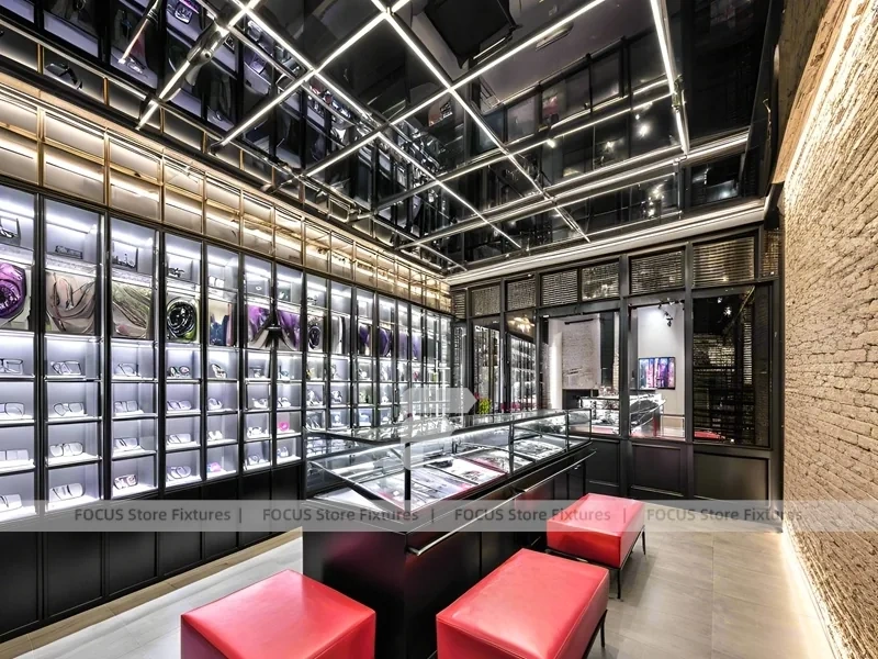 Loft Steel Eyewear Urban Showroom with Steel-Framed Wall Cabinets