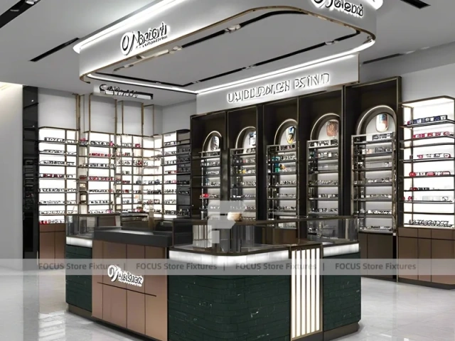 Luxury Black Eyewear Prestige Store with Curved Reception Showcase