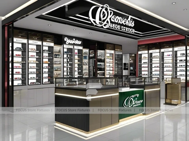 Luxury Black Eyewear Prestige Store with Curved Reception Showcase