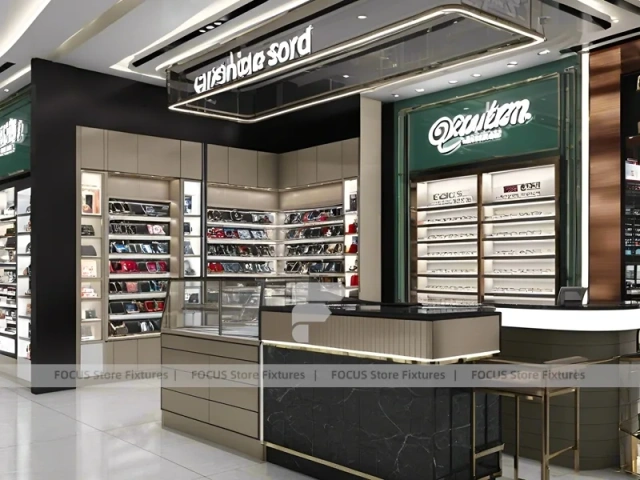 Luxury Black Eyewear Prestige Store with Curved Reception Showcase